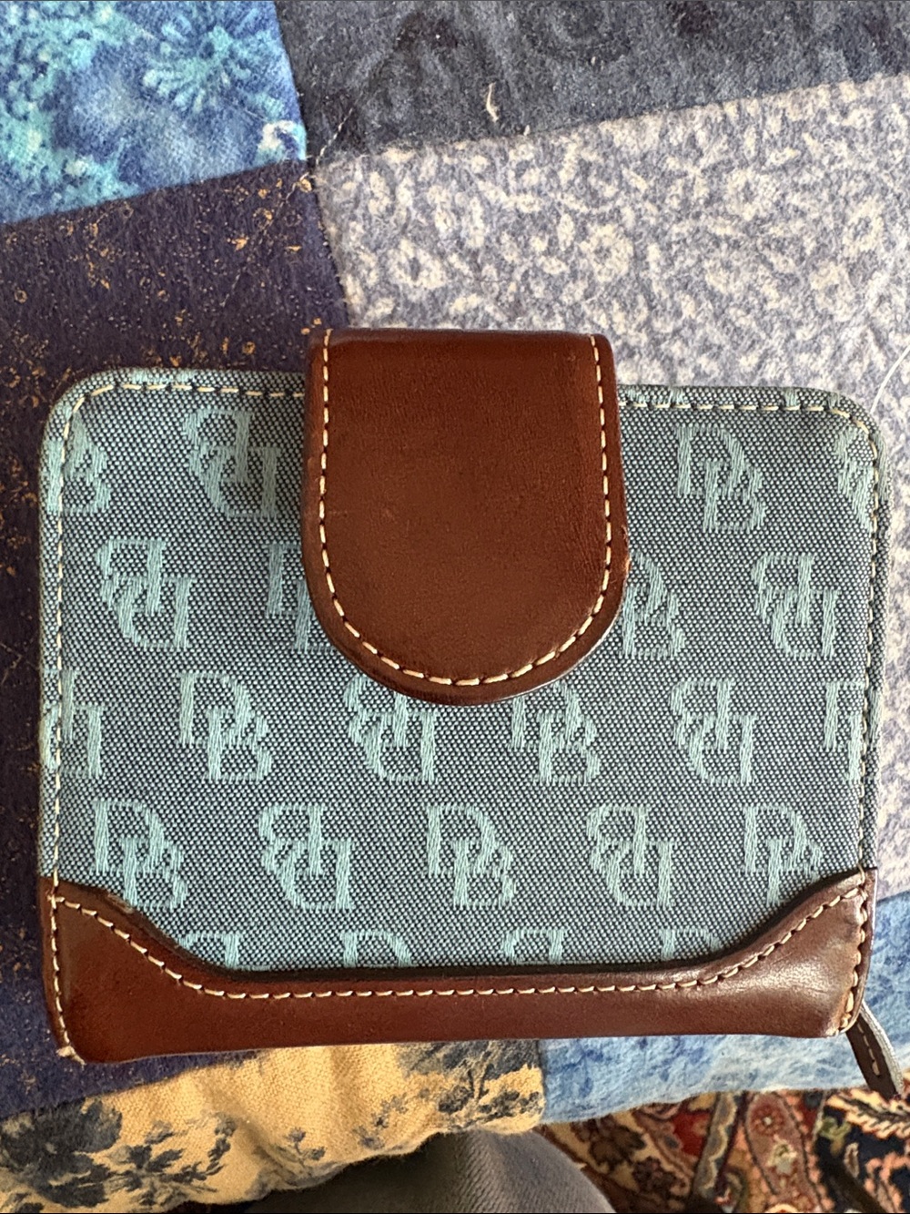 Dooney & Bourke Teal Patterned Wallet with Brown Leather Trim